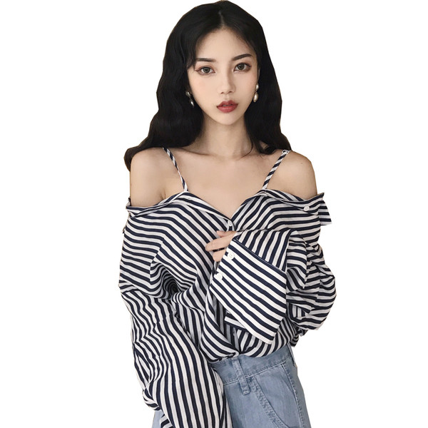 Stílusos női ing széles csíkos modell hosszú ujjú fekete színben