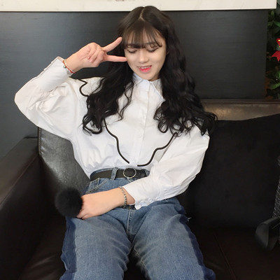 Κομψό γυναικείο πουκάμισο φαρδιά μοτίβο με μακριά μανίκια σε λευκό και μπλε χρώμα