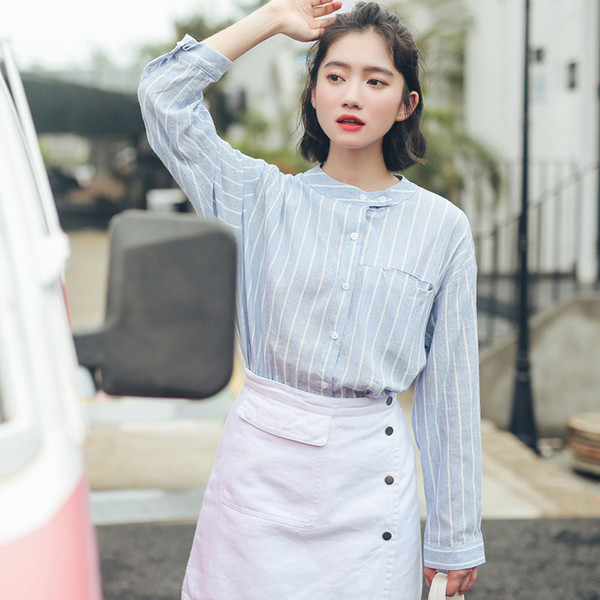 Cămașă casual de damă cu guler în formă de O cu mâneci lungi în două culori