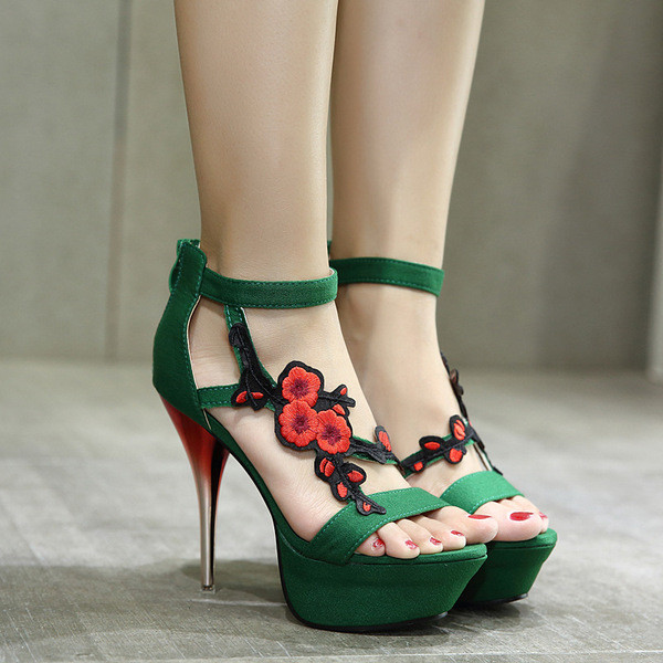 Sandale de damă de vară cu toc înalt cu decor floral