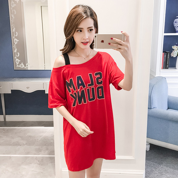 Tricou de damă tip cămașă de noapte din bumbac, cu imprimeu masiv în față