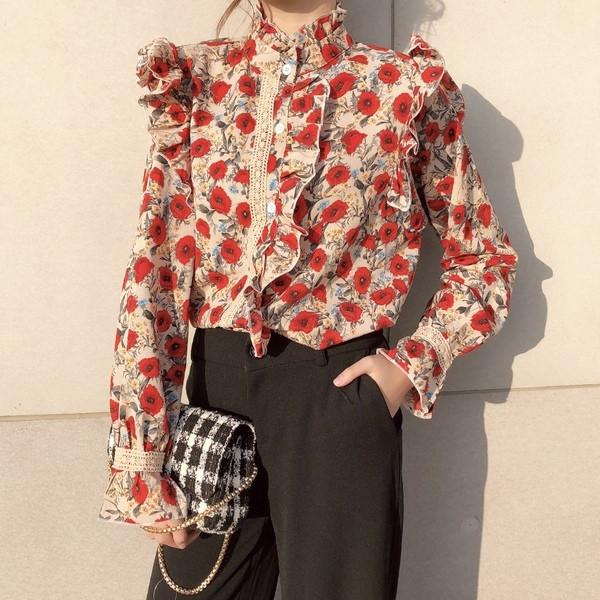 Cămașă de damă elegantă cu mânecă lungă, cu motiv floral în două culori