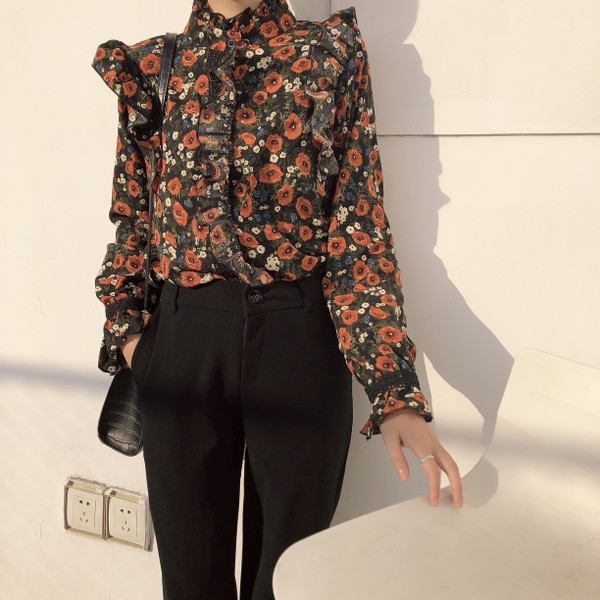 Cămașă de damă elegantă cu mânecă lungă, cu motiv floral în două culori