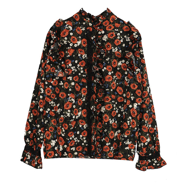 Cămașă de damă elegantă cu mânecă lungă, cu motiv floral în două culori