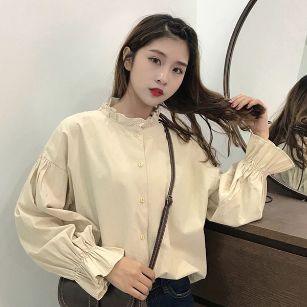 Κομψό γυναικείο πουκάμισο με κολάρο σε σχήμα O με φαρδιά μανίκια σε δύο χρώματα