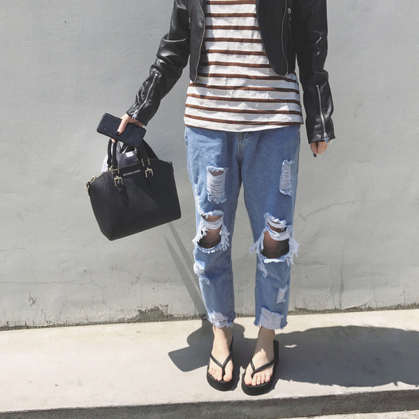 Blugi unisex moderni rupti cu petice de culoare deschisa