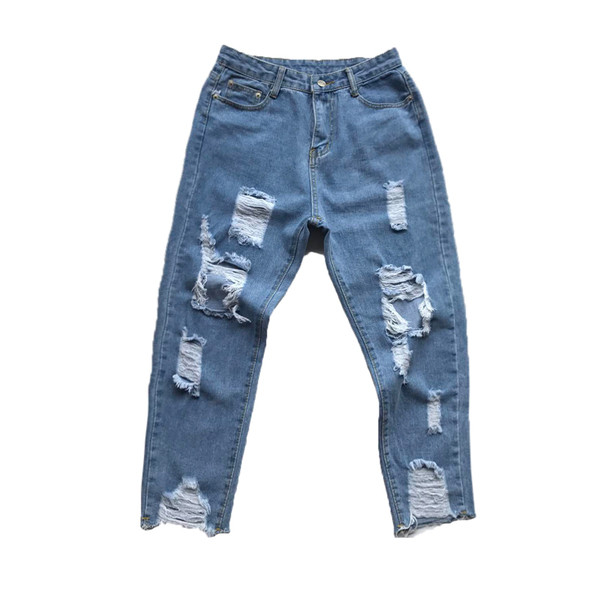 Blugi unisex moderni rupti cu petice de culoare deschisa