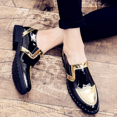 Екстравагантни мъжки обувки - черен лак със златно
