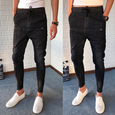 Спортно-ежедневен мъжки дънков панталон с висока талия,връзки и дълбоки джобове в тъмен цвят