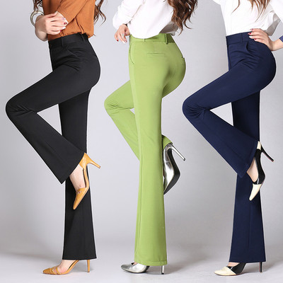 Formal women`s pants with a high waist and pockets in different colors