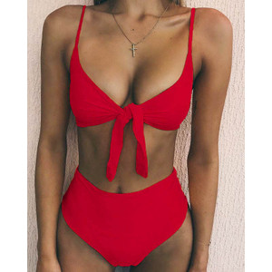 Costum de baie simplu de dama din doua piese, bikini cu talie inalta, in rosu, galben si negru