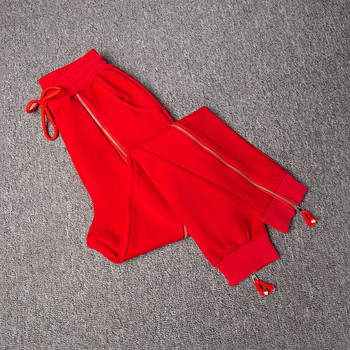 Модерен дамски спортен панталон с висока талия и декоративен преден цип в черен и червен цвят