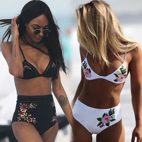 Costum de baie de dama modern din doua piese in doua modele cu motive florale si bikini cu talie inalta
