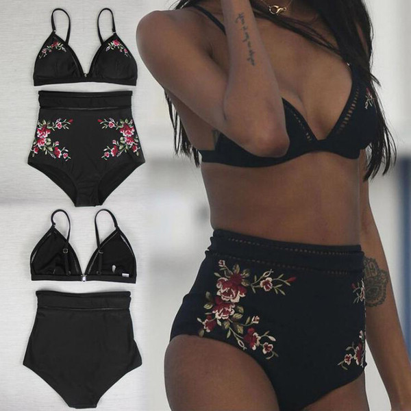 Costum de baie de dama modern din doua piese in doua modele cu motive florale si bikini cu talie inalta