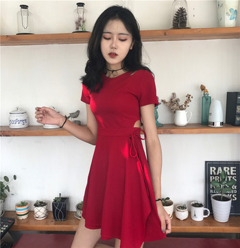 Rochie de dama cu gaura in talie si cravate in doua culori