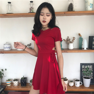 Rochie de dama cu gaura in talie si cravate in doua culori