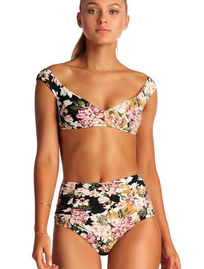 Costum de baie floral pentru doamne in doua parti si bikini cu talie inalta