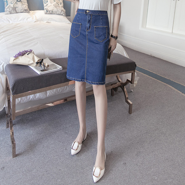 Térdig érő farmerszoknya, magas derékkal, két színben