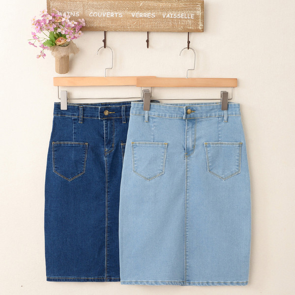 Térdig érő farmerszoknya, magas derékkal, két színben