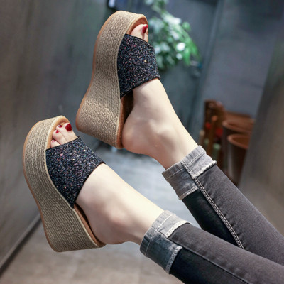Stylish women`s platform slippers shiny in three colors