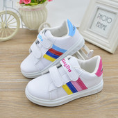 Tenisi copii pentru fete in alb cu panglici colorate, broderie si imprimeu