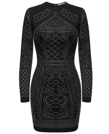 Rochie de seara de dama cu pietre stralucitoare, maneci lungi si guler in forma de O