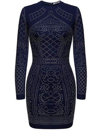 Rochie de seara de dama cu pietre stralucitoare, maneci lungi si guler in forma de O