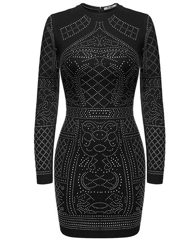 Rochie de seara de dama cu pietre stralucitoare, maneci lungi si guler in forma de O