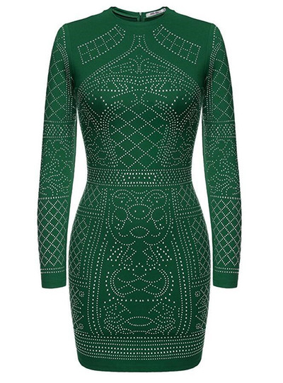 Rochie de seara de dama cu pietre stralucitoare, maneci lungi si guler in forma de O