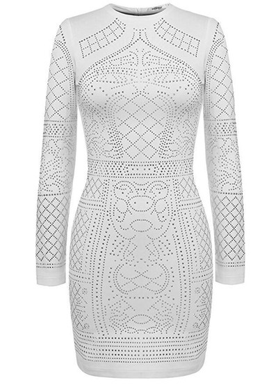 Rochie de seara de dama cu pietre stralucitoare, maneci lungi si guler in forma de O