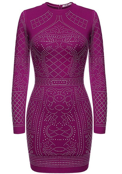 Rochie de seara de dama cu pietre stralucitoare, maneci lungi si guler in forma de O