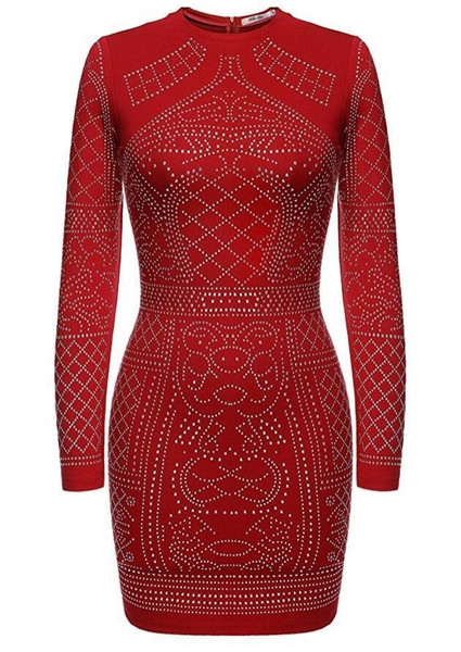 Rochie de seara de dama cu pietre stralucitoare, maneci lungi si guler in forma de O