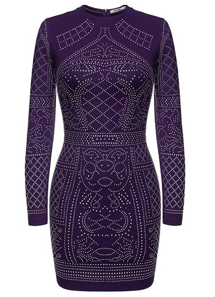 Rochie de seara de dama cu pietre stralucitoare, maneci lungi si guler in forma de O