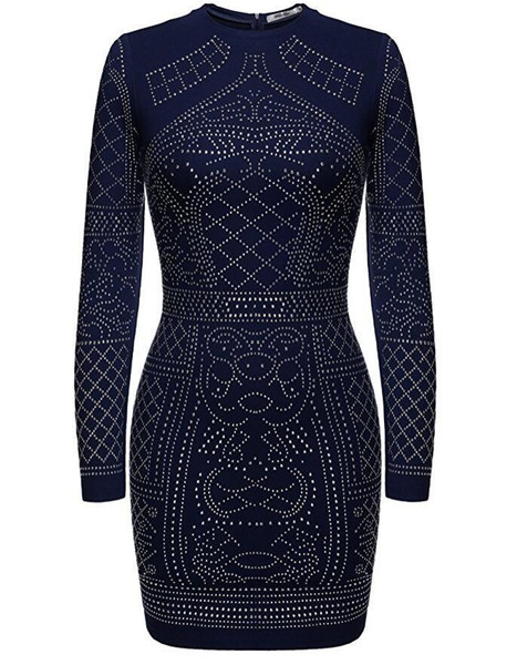 Rochie de seara de dama cu pietre stralucitoare, maneci lungi si guler in forma de O