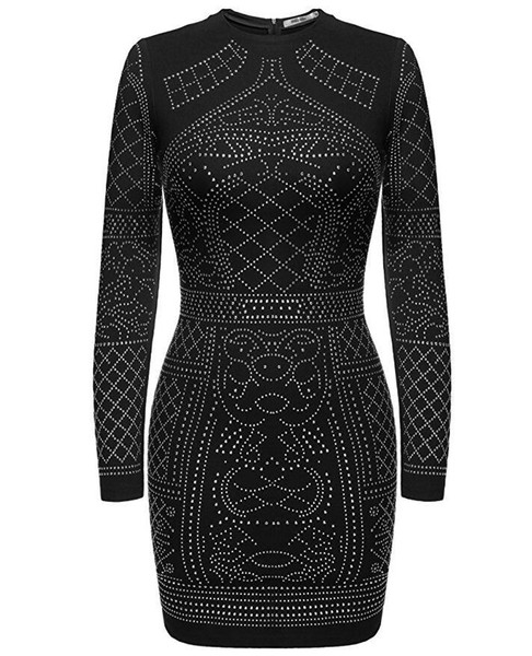 Rochie de seara de dama cu pietre stralucitoare, maneci lungi si guler in forma de O