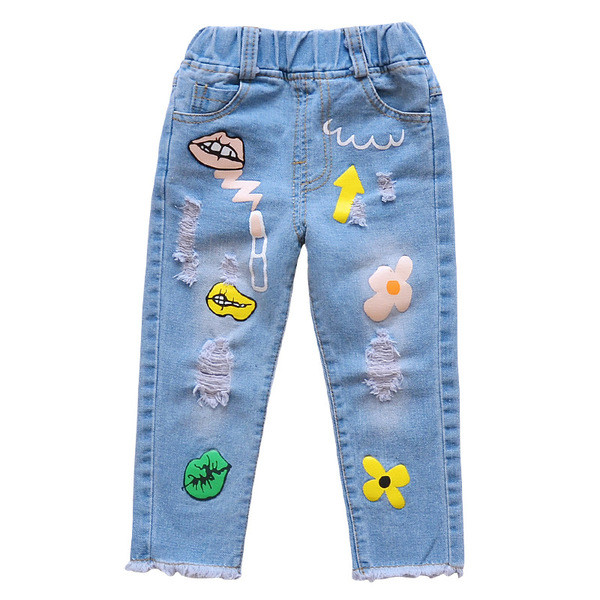 Blugi de copii eleganti pentru fete rupti cu o mini aplicatie - doua modele