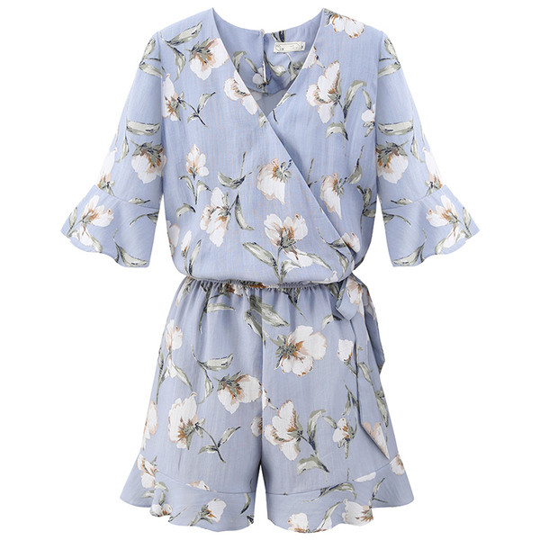 Salopetă de damă elegantă cu motiv floral, cu decolteu în V, în albastru