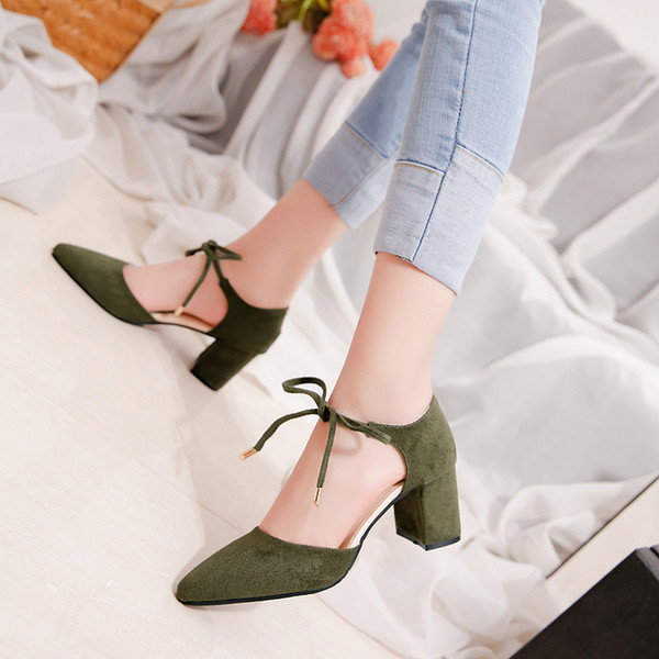 Sandale dama din piele intoarsa cu toc gros si inchidere in fata - panglica