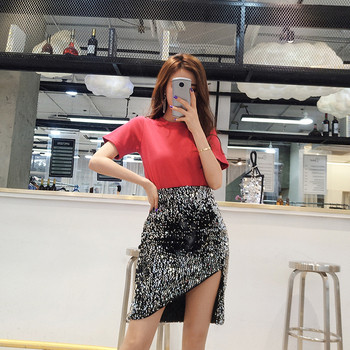 Fusta de dama moderna cu despicat cu talie inalta si paiete