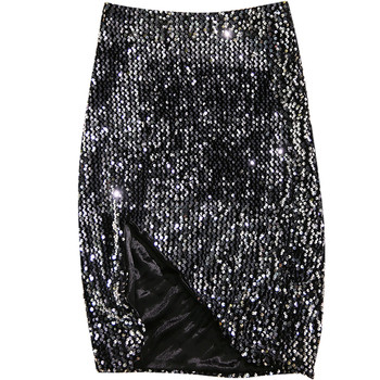 Fusta de dama moderna cu despicat cu talie inalta si paiete