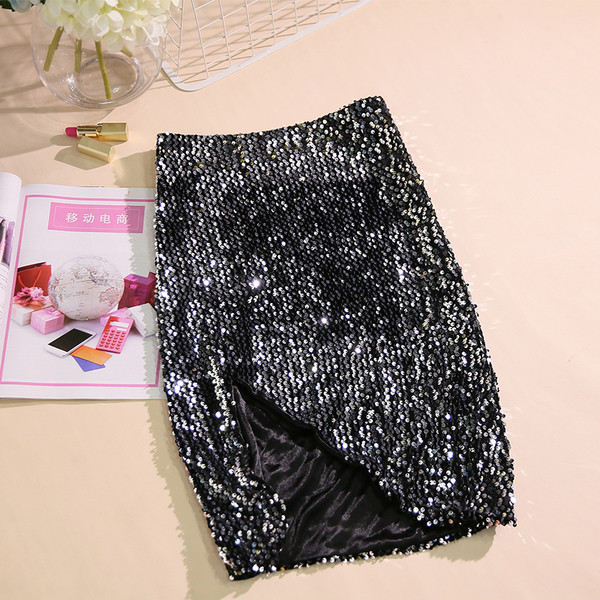 Fusta de dama moderna cu despicat cu talie inalta si paiete