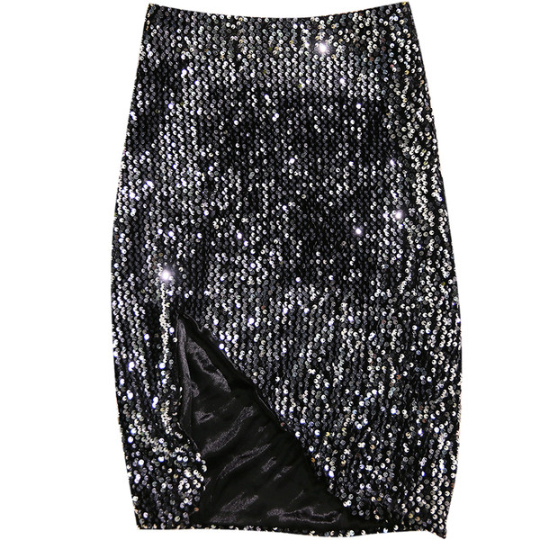 Fusta de dama moderna cu despicat cu talie inalta si paiete