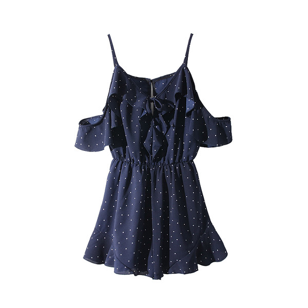 Salopetă casual de damă scurtă cu bretele subțiri și umerii căzuți în trei culori