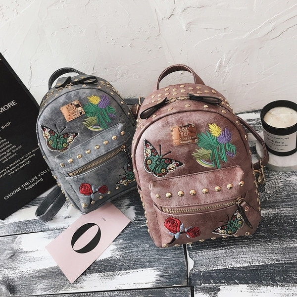 Rucsac elegant de dama in trei culori cu broderie colorata