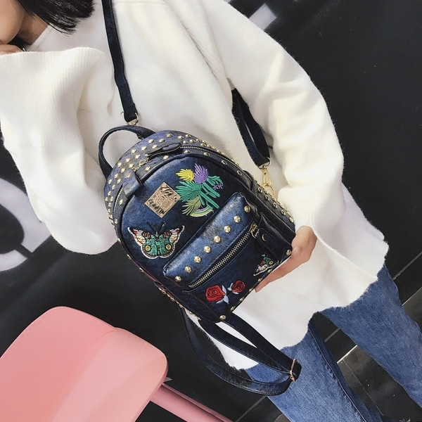 Rucsac elegant de dama in trei culori cu broderie colorata