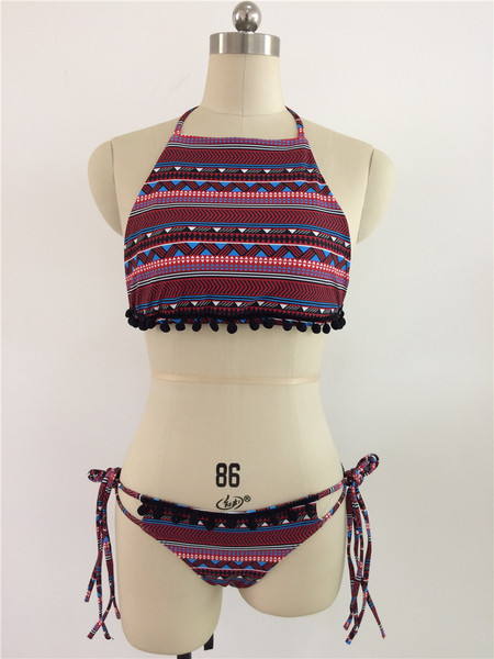 Costum de baie damă din două piese cu cravate în motiv etno