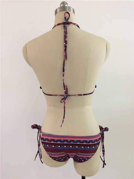 Costum de baie damă din două piese cu cravate în motiv etno