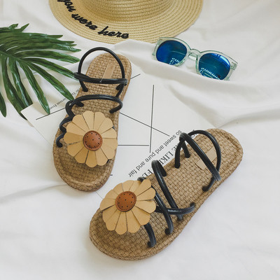 Sandale casual cu talpa tricotata si decor floral 3D