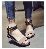 Sandale de dama cu talpa plata si decor metalic in alb, bej si negru