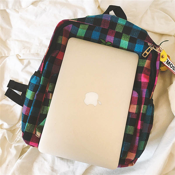 Rucsac zilnic de damă în carouri cu broderie de fructe în mai multe culori